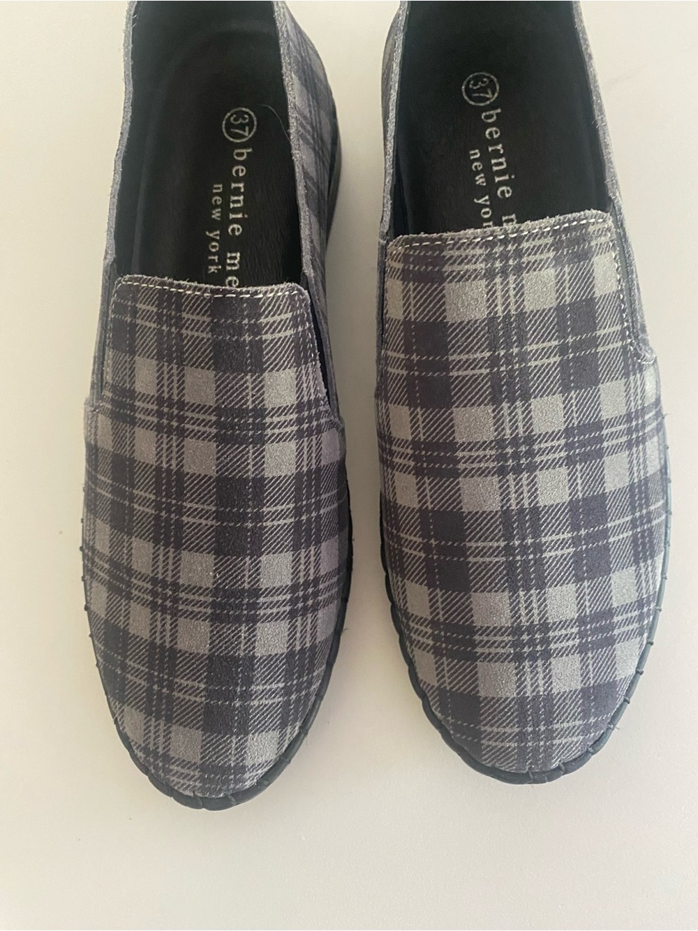 Bernie Mev Gray Plaid Slip-On Loafers